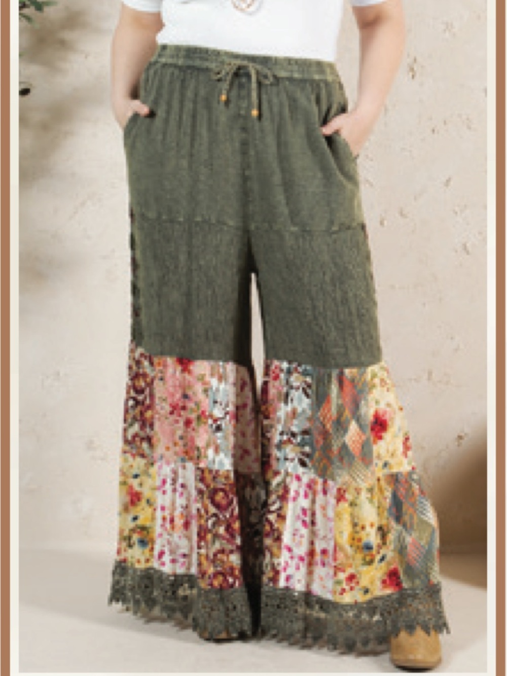 YOUNG THREADS Women’s (Gravel) Patchwork Embroidered Mineral Wash Wide Leg Pants